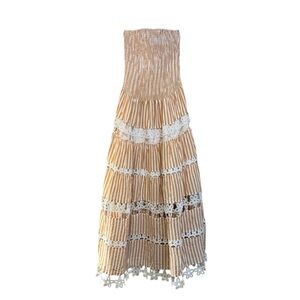 Strut & Bolt Strapless Smocked Maxi Dress Tan Orange White Stripe Lace Small